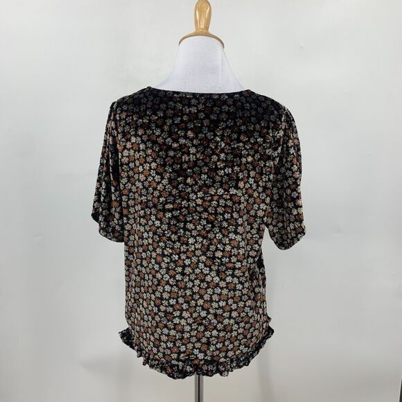 Madewell Velvet Tulip Sleeve Blouse Womens M Medium Black Multi Ruffle Trim Top - Picture 6 of 13